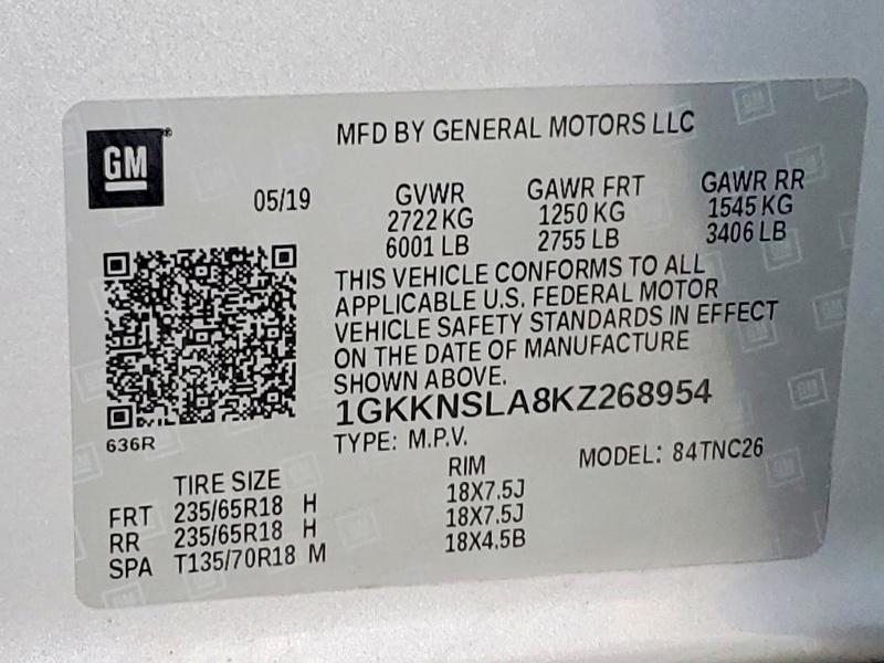 76445575 :رقم المزاد ، 1GKKNSLA8KZ268954 vin ، 2019 Gmc Acadia مزاد بيع