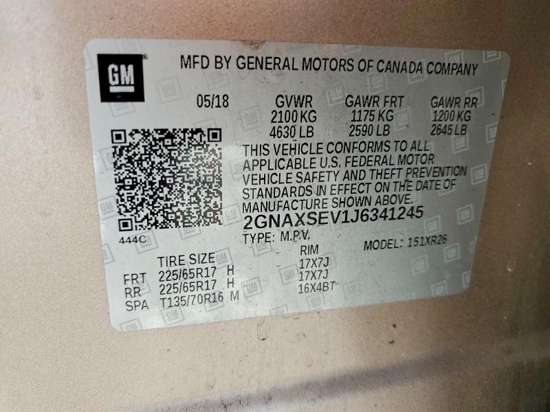 Продаж на аукціоні авто 2018 Chevrolet Equinox, vin: 2GNAXSEV1J6341245, номер лоту: 77688015