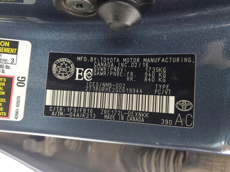 77577215 :رقم المزاد ، 2T1BURHE2GC619944 vin ، 2016 Toyota Corolla مزاد بيع