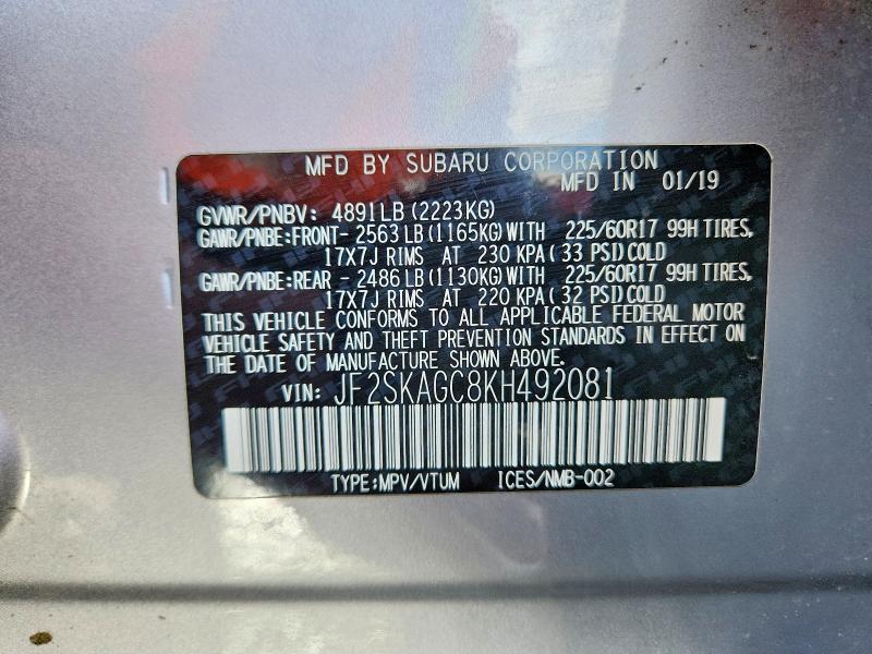 Продаж на аукціоні авто 2019 Subaru Forester, vin: JF2SKAGC8KH492081, номер лоту: 77824355