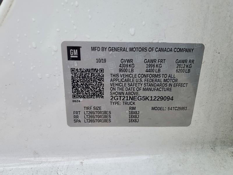 2019 Gmc Sierra მანქანა იყიდება აუქციონზე, vin: 2GT21NEG5K1229094, აუქციონის ნომერი: 77922715