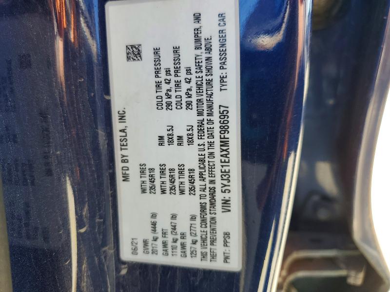 Продажа на аукционе авто 2021 Tesla Model 3, vin: 5YJ3E1EAXMF986957, номер лота: 77921685