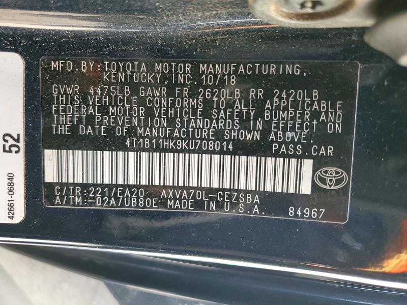 Продаж на аукціоні авто 2019 Toyota Camry, vin: 4T1B11HK9KU708014, номер лоту: 75602705