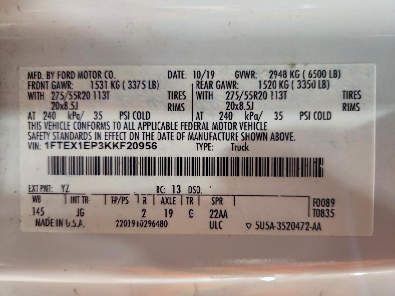Aukcja sprzedaży 2019 Ford F150, vin: 1FTEX1EP3KKF20956, numer aukcji: 78296145