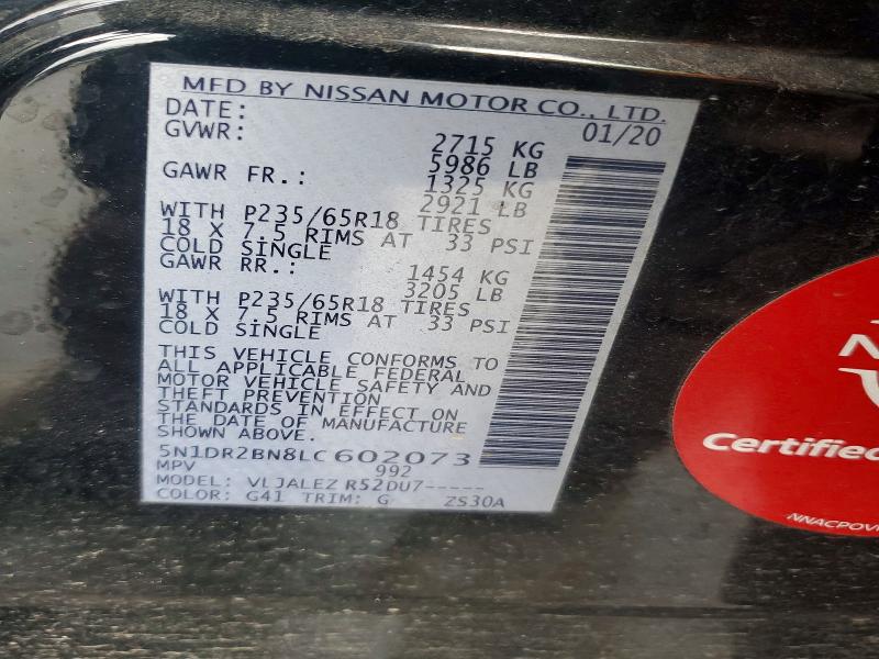 76134515 :رقم المزاد ، 5N1DR2BN8LC602073 vin ، 2020 Nissan Pathfinder مزاد بيع