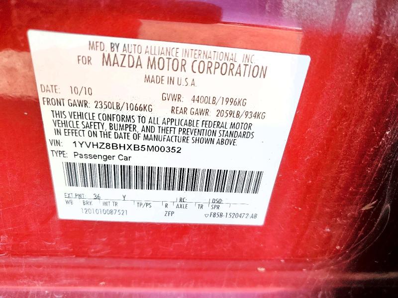78589995 :رقم المزاد ، 1YVHZ8BHXB5M00352 vin ، 2011 Mazda 6 مزاد بيع