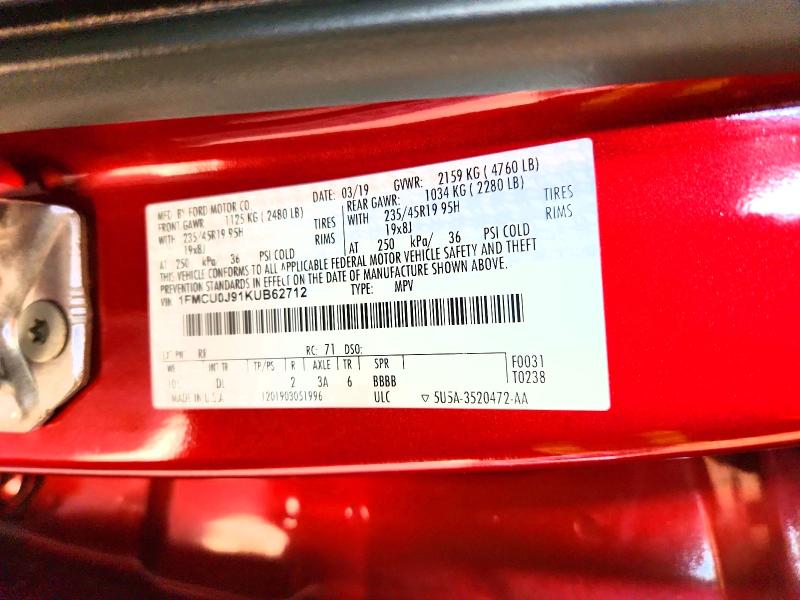 78619095 :رقم المزاد ، 1FMCU0J91KUB62712 vin ، 2019 Ford Escape مزاد بيع