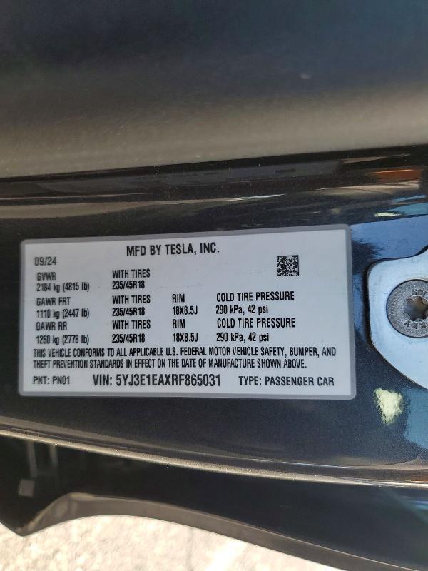 78084395 :رقم المزاد ، 5YJ3E1EAXRF865031 vin ، 2024 Tesla Model 3 مزاد بيع