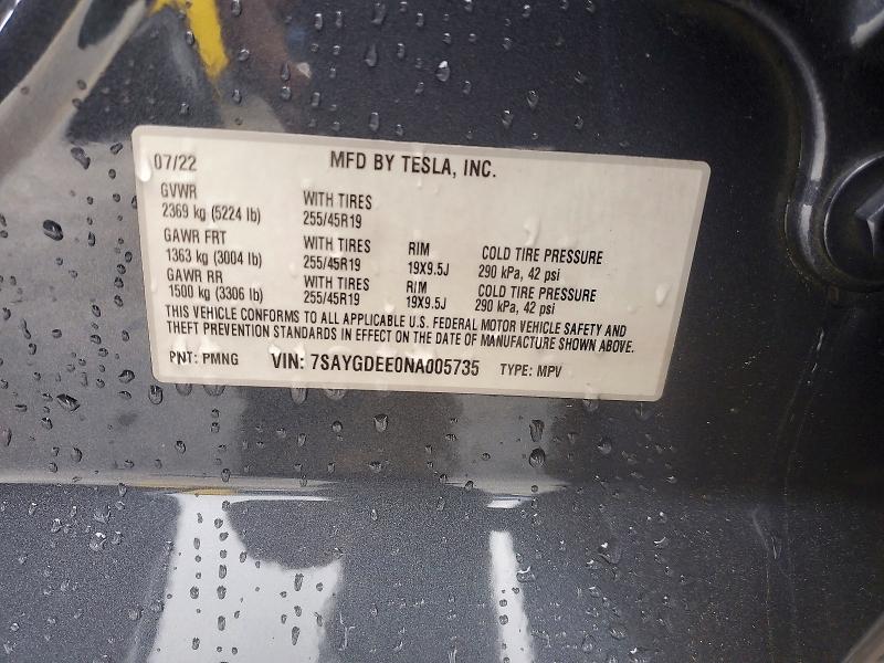 Продаж на аукціоні авто 2022 Tesla Model Y, vin: 7SAYGDEE0NA005735, номер лоту: 78497975