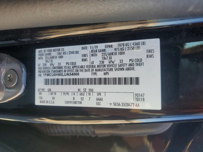 2020 Ford Escape მანქანა იყიდება აუქციონზე, vin: 1FMCU0H60LUA54000, აუქციონის ნომერი: 75666645