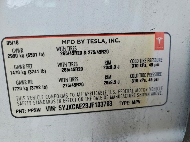 76953965 :رقم المزاد ، 5YJXCAE23JF103793 vin ، 2018 Tesla Model X مزاد بيع