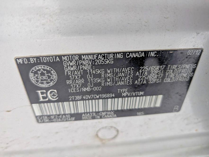 Aukcja sprzedaży 2012 Toyota Rav4, vin: 2T3BF4DV7CW196894, numer aukcji: 72418325