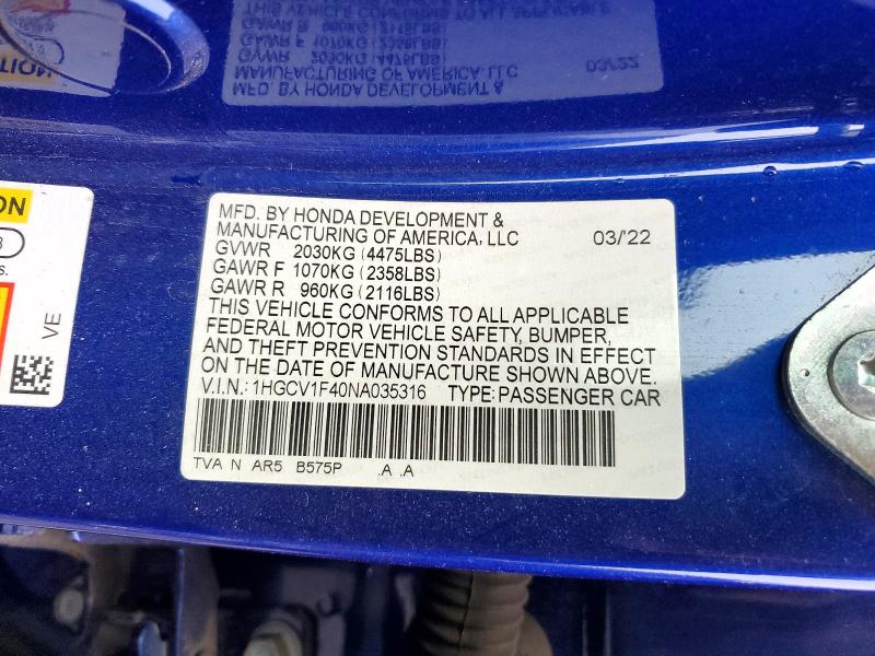 2022 Honda Accord მანქანა იყიდება აუქციონზე, vin: 1HGCV1F40NA035316, აუქციონის ნომერი: 76798095