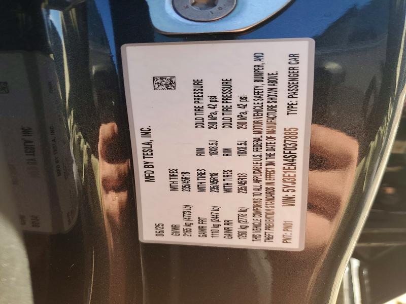 2025 Tesla Model 3 მანქანა იყიდება აუქციონზე, vin: 5YJ3E1EA4SF037885, აუქციონის ნომერი: 78577575