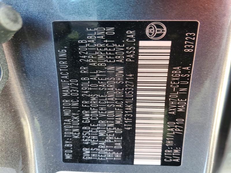77514265 :رقم المزاد ، 4T1F31AK1LU532714 vin ، 2020 Toyota Camry مزاد بيع