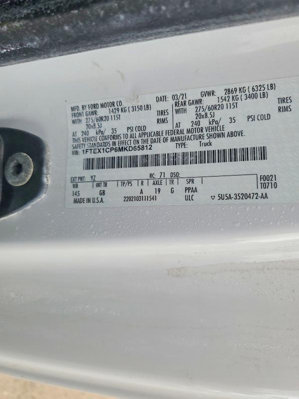 2021 Ford F150 მანქანა იყიდება აუქციონზე, vin: 1FTEX1CP6MKD65812, აუქციონის ნომერი: 76834275