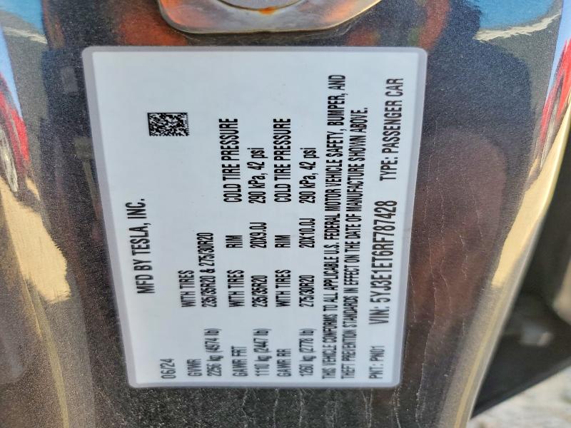 2024 Tesla Model 3 მანქანა იყიდება აუქციონზე, vin: 5YJ3E1ET6RF787428, აუქციონის ნომერი: 76029205