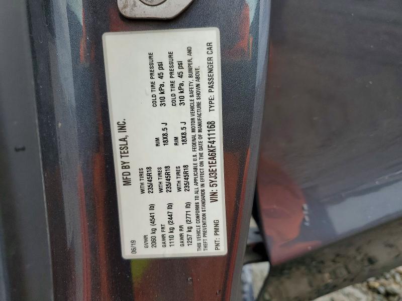2019 Tesla Model 3 მანქანა იყიდება აუქციონზე, vin: 5YJ3E1EA6KF411168, აუქციონის ნომერი: 77694635