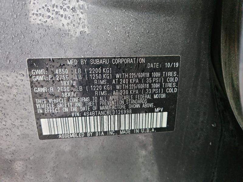 Aukcja sprzedaży 2020 Subaru Outback, vin: 4S4BTANC6L3126998, numer aukcji: 75941935