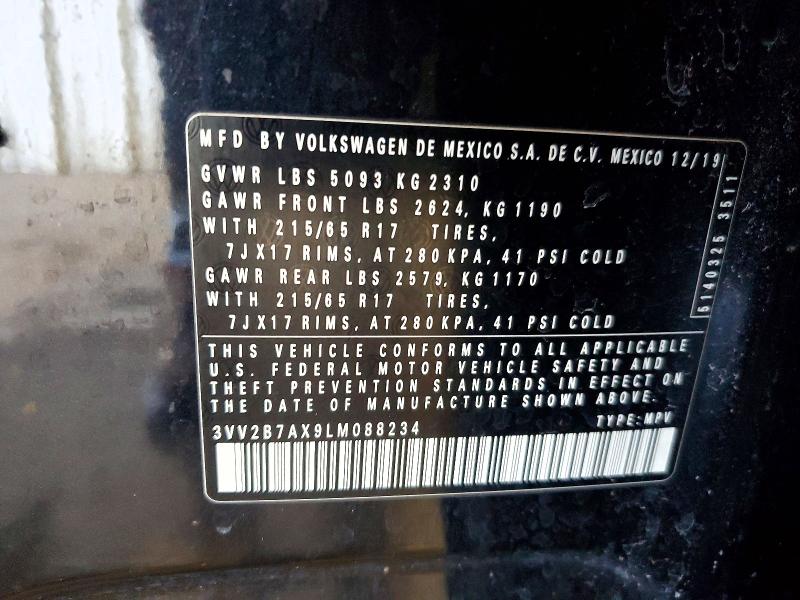 2020 Volkswagen Tiguan მანქანა იყიდება აუქციონზე, vin: 3VV2B7AX9LM088234, აუქციონის ნომერი: 78521605