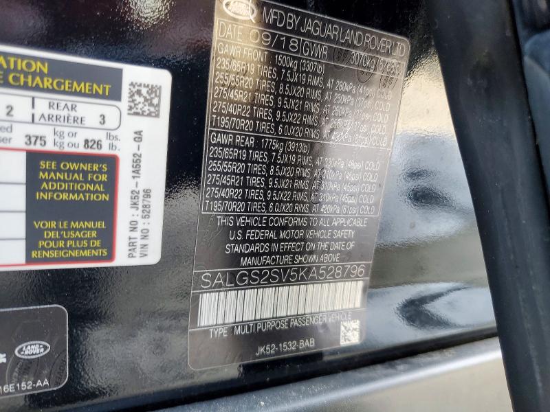 2019 Land Rover Range Rover მანქანა იყიდება აუქციონზე, vin: SALGS2SV5KA528796, აუქციონის ნომერი: 76636145
