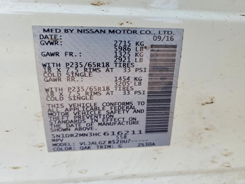 78554945 :رقم المزاد ، 5N1DR2MN3HC616211 vin ، 2017 Nissan Pathfinder مزاد بيع