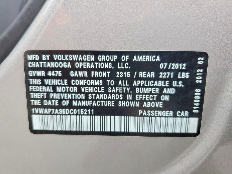 Aukcja sprzedaży 2013 Volkswagen Passat, vin: 1VWAP7A35DC015211, numer aukcji: 76574955