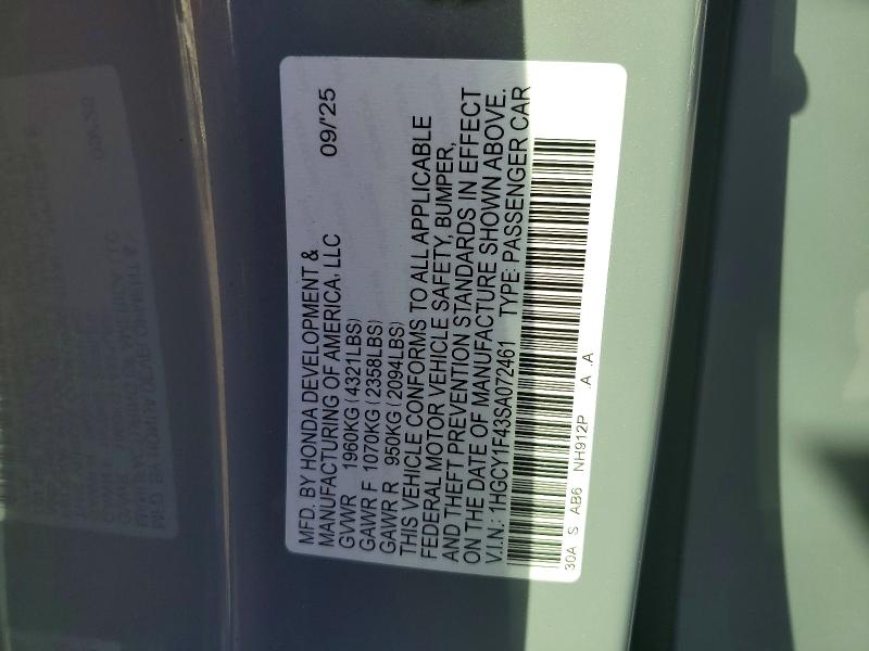 Продаж на аукціоні авто 2025 Honda Accord, vin: 1HGCY1F43SA072461, номер лоту: 78372135