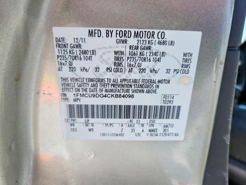 76754235 :رقم المزاد ، 1FMCU9DG4CKB84098 vin ، 2012 Ford Escape Xlt مزاد بيع