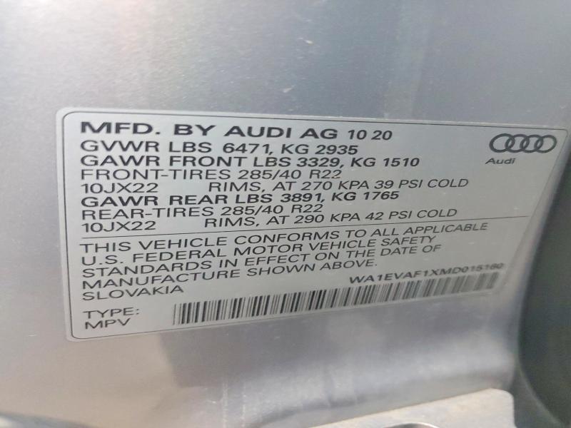 Продаж на аукціоні авто 2021 Audi Q8, vin: WA1EVAF1XMD015160, номер лоту: 75538325