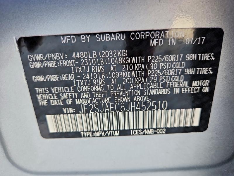 2018 Subaru Forester მანქანა იყიდება აუქციონზე, vin: JF2SJAEC8JH452510, აუქციონის ნომერი: 78053255