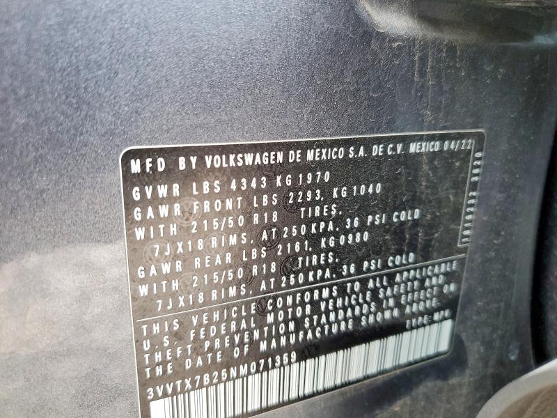 78494135 :رقم المزاد ، 3VVTX7B25NM071359 vin ، 2022 Volkswagen Taos مزاد بيع