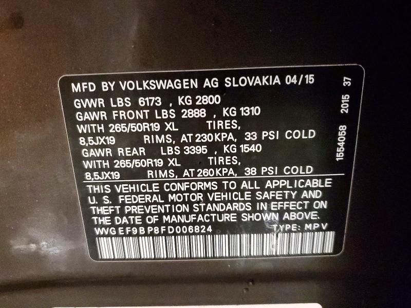 2015 Volkswagen Touareg მანქანა იყიდება აუქციონზე, vin: WVGEF9BP8FD006824, აუქციონის ნომერი: 77630645