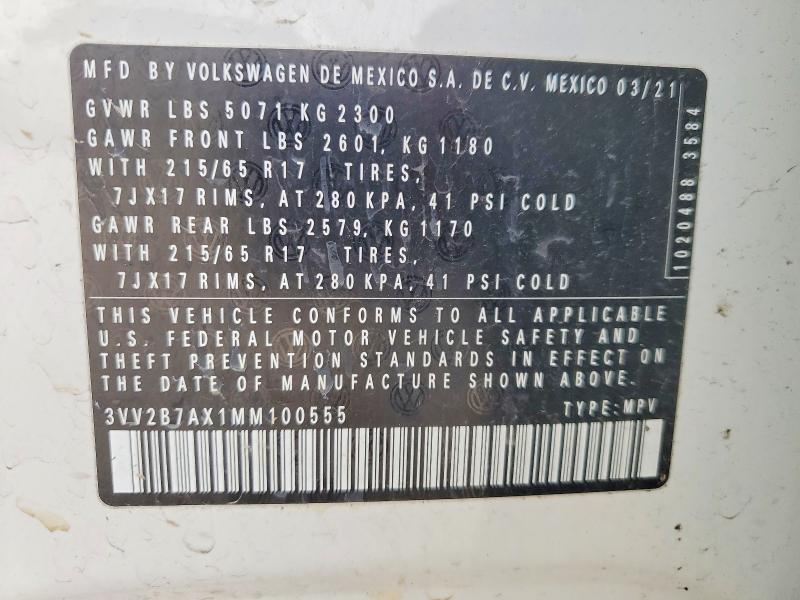 Aukcja sprzedaży 2021 Volkswagen Tiguan, vin: 3VV2B7AX1MM100555, numer aukcji: 78491825