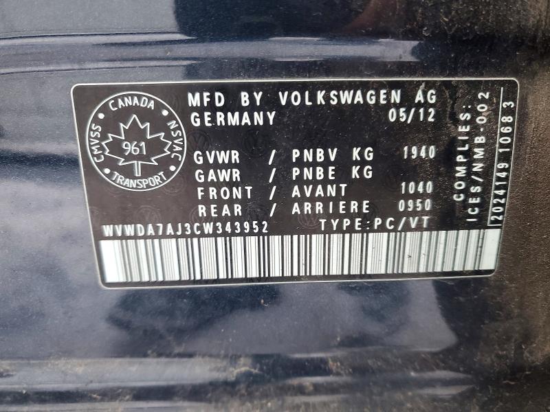 76701055 :رقم المزاد ، WVWDA7AJ3CW343952 vin ، 2012 Volkswagen Golf مزاد بيع
