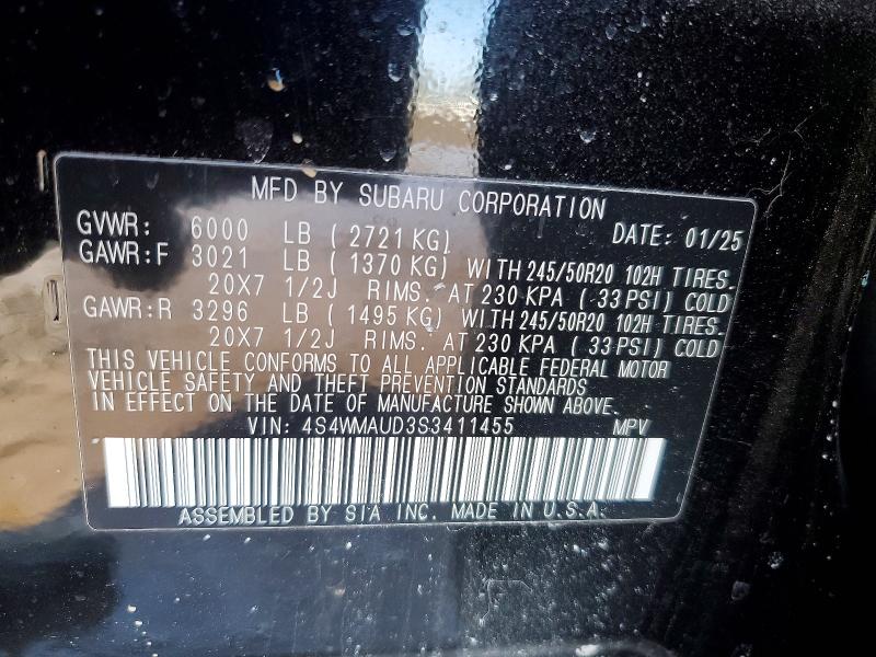 2025 Subaru Ascent მანქანა იყიდება აუქციონზე, vin: 4S4WMAUD3S3411455, აუქციონის ნომერი: 77274655