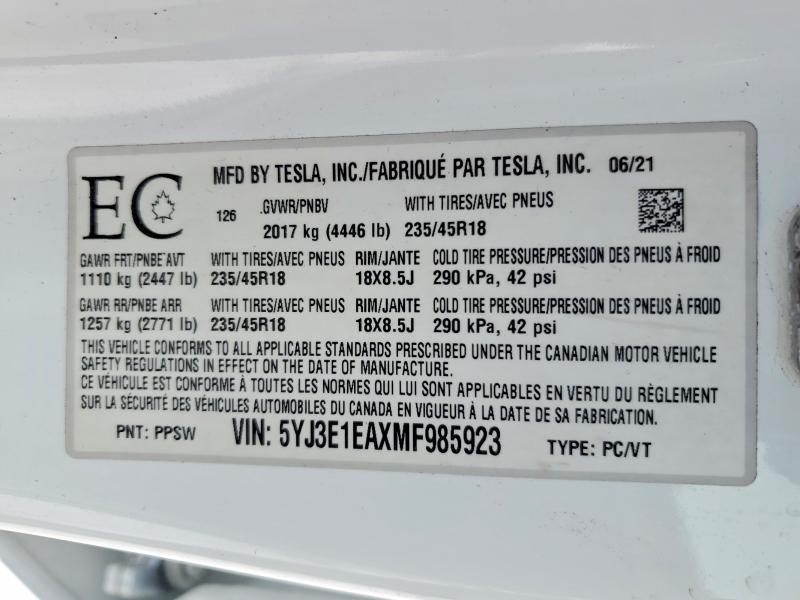 72162025 :رقم المزاد ، 5YJ3E1EAXMF985923 vin ، 2021 Tesla Model 3 مزاد بيع