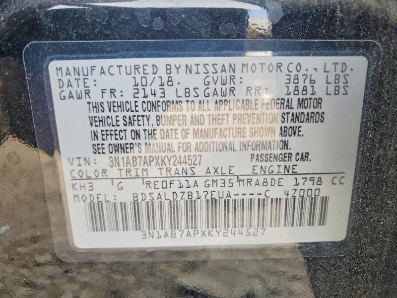 Продаж на аукціоні авто 2019 Niss Sentra, vin: 3N1AB7APXKY244527, номер лоту: 75704915