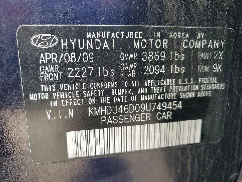 2009 Hyundai Elantra მანქანა იყიდება აუქციონზე, vin: KMHDU46D09U749454, აუქციონის ნომერი: 76639145