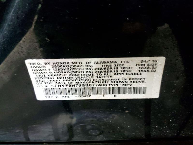 78342635 :رقم المزاد ، 5FNYF6H76GB077408 vin ، 2016 Honda Pilot مزاد بيع