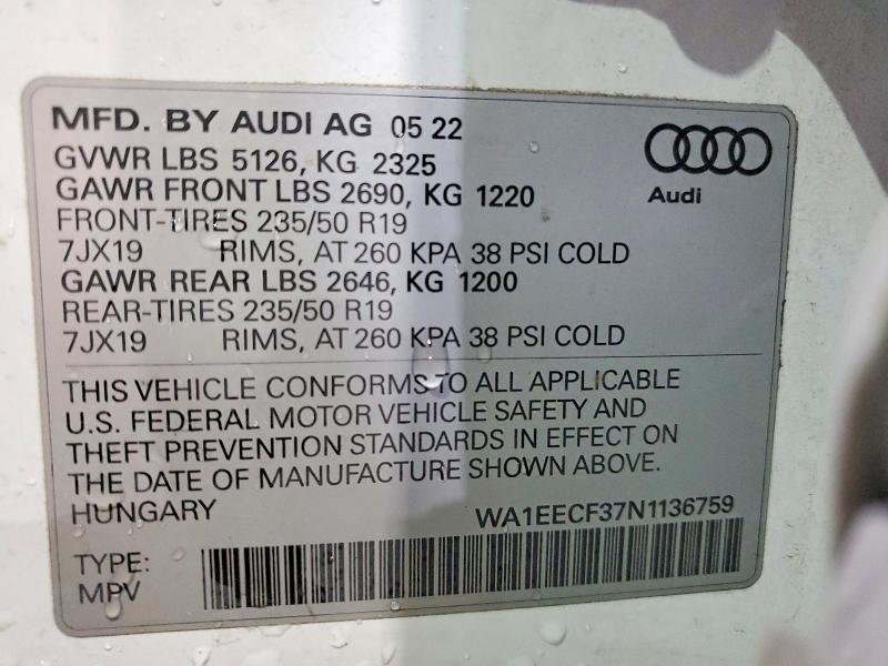 Aukcja sprzedaży 2022 Audi Q3, vin: WA1EECF37N1136759, numer aukcji: 78646835