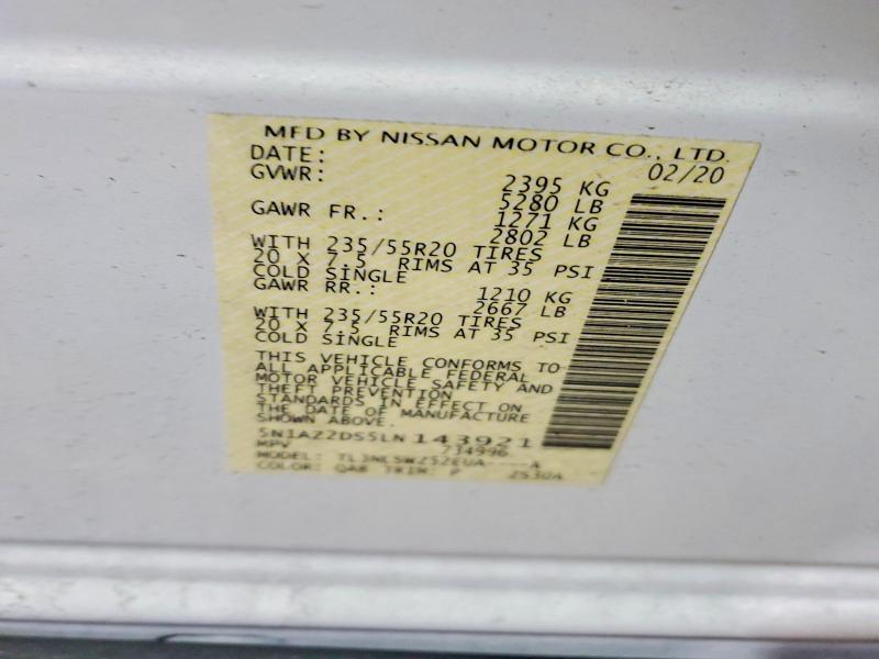 75084155 :رقم المزاد ، 5N1AZ2DS5LN143921 vin ، 2020 Nissan Murano Pla مزاد بيع