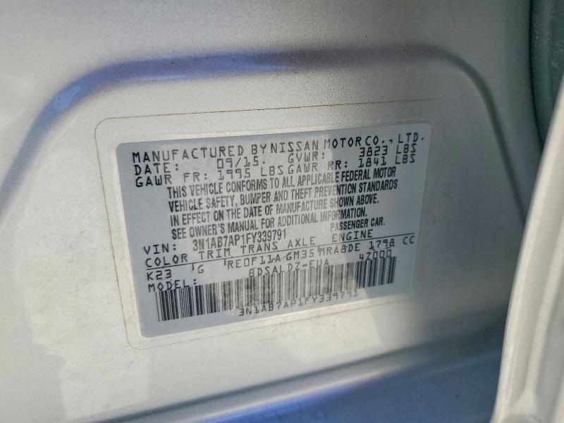 2015 Nissan Sentra მანქანა იყიდება აუქციონზე, vin: 3N1AB7AP1FY339791, აუქციონის ნომერი: 76187945