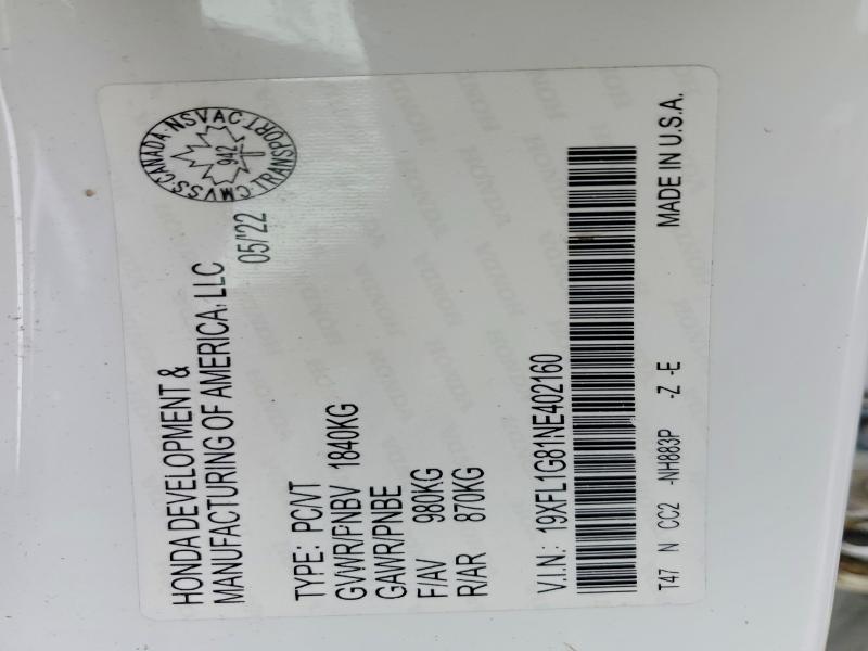 2022 Honda Civic მანქანა იყიდება აუქციონზე, vin: 19XFL1G81NE402160, აუქციონის ნომერი: 76203045