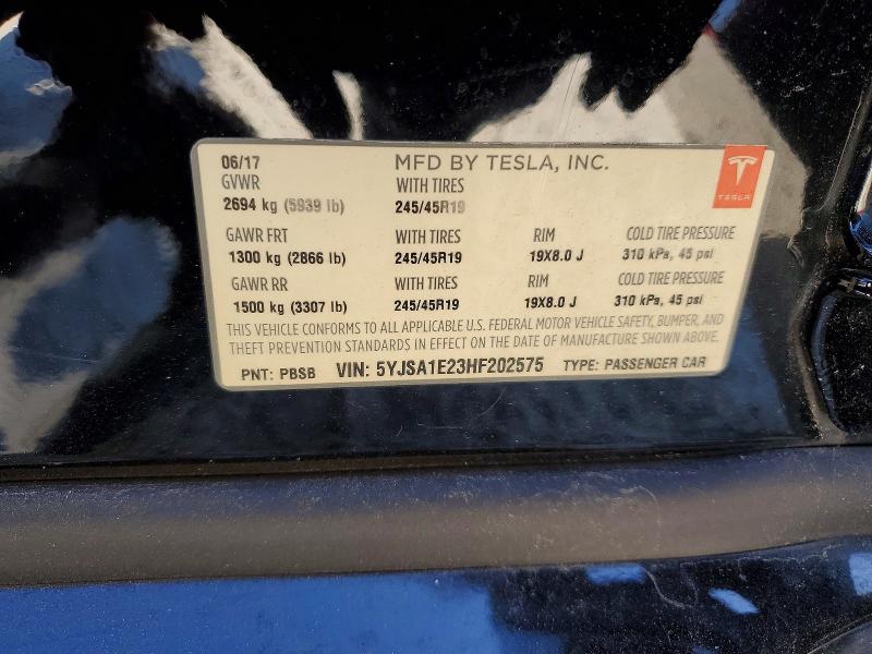 2017 Tesla Model S მანქანა იყიდება აუქციონზე, vin: 5YJSA1E23HF202575, აუქციონის ნომერი: 77466685