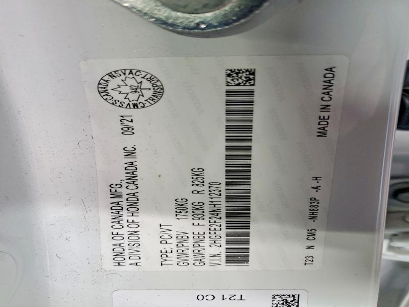 2022 Honda Civic მანქანა იყიდება აუქციონზე, vin: 2HGFE2F24NH112370, აუქციონის ნომერი: 76796875