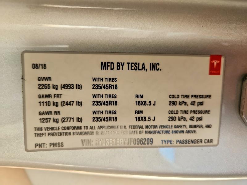 78830005 :رقم المزاد ، 5YJ3E1EB7JF096209 vin ، 2018 Tesla Model 3 مزاد بيع