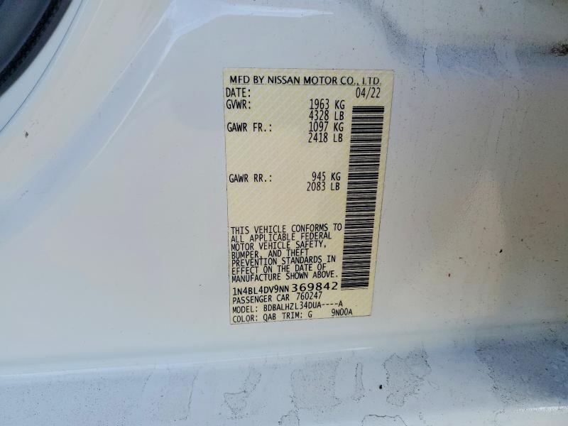 2022 Nissan Altima მანქანა იყიდება აუქციონზე, vin: 1N4BL4DV9NN369842, აუქციონის ნომერი: 78908925