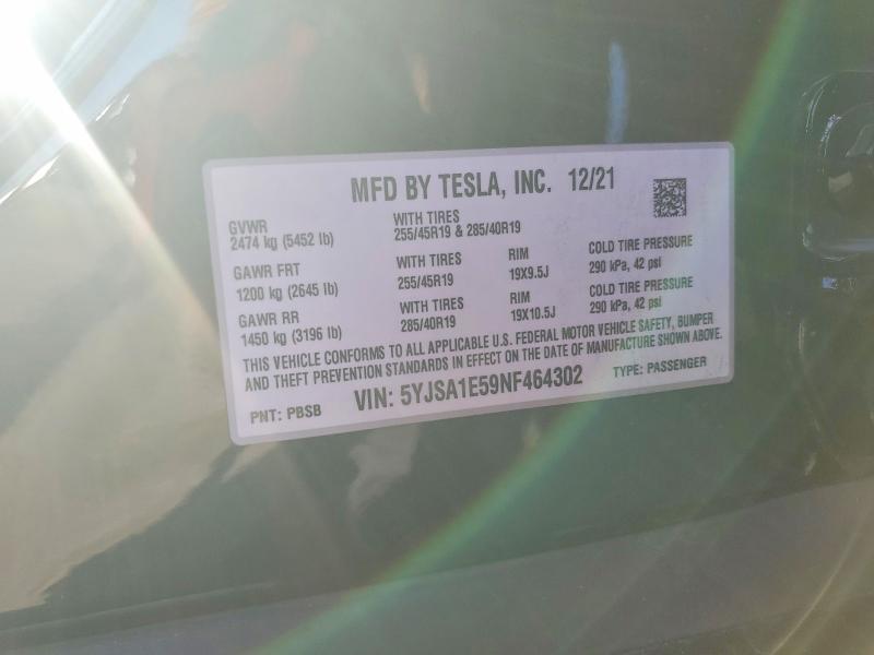 Продажа на аукционе авто 2022 Tesla Model S, vin: 5YJSA1E59NF464302, номер лота: 78190965