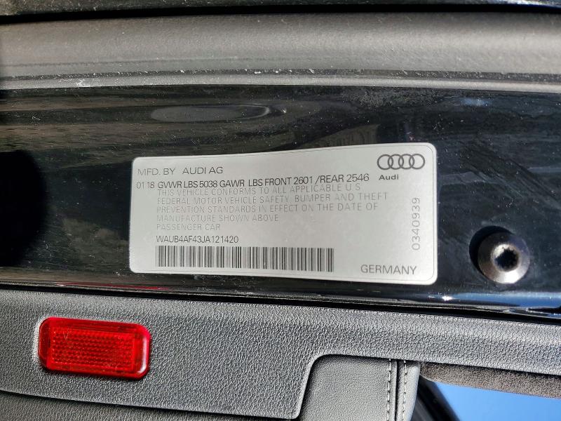 76038575 :رقم المزاد ، WAUB4AF43JA121420 vin ، 2018 Audi S4 مزاد بيع